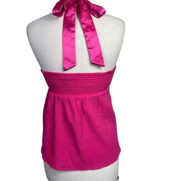 Bebe XS Hot Pink halter top bling rhinestone/ beads silk fabric ties @ neck - Picture 3 of 8